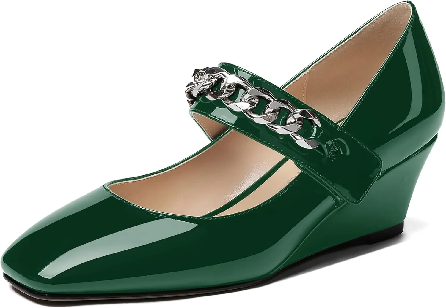 WAYDERNS Women's Slip-on Patent Lace Up Metal Chain Square Toe Mary Jane Wedge Low Heel Pumps Shoes 2 Inch