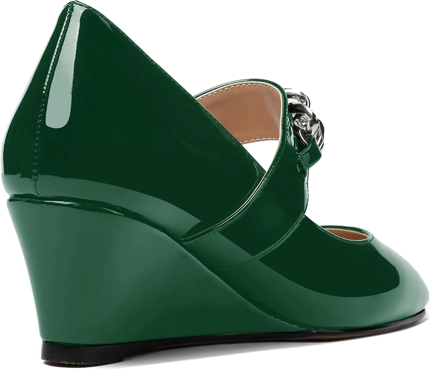 WAYDERNS Women's Slip-on Patent Lace Up Metal Chain Square Toe Mary Jane Wedge Low Heel Pumps Shoes 2 Inch