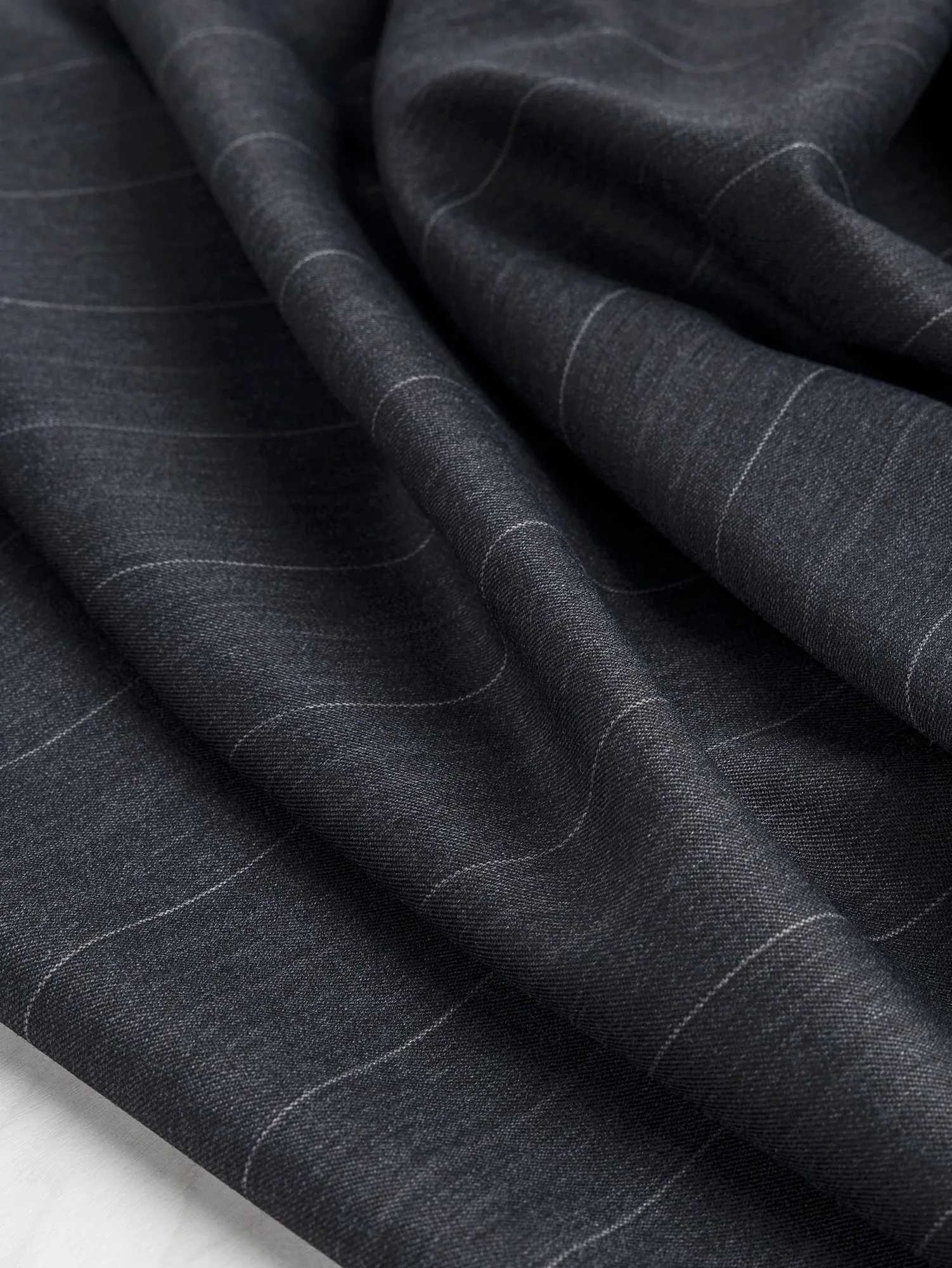 Wide Pinstripe Italian Wool Twill Suiting Deadstock - Charcoal