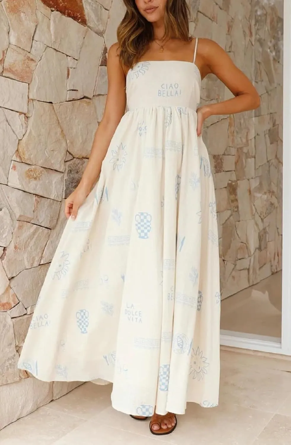 Women Summer Graffiti Maxi Dress Backless Spaghetti Strap Flowy Long Dress Graphic Print Vacation Beach Sundress