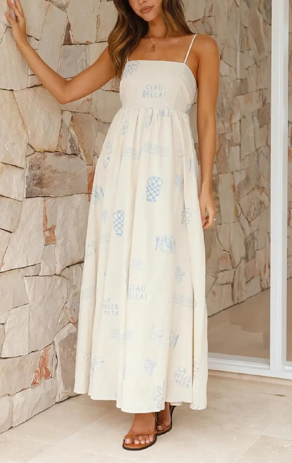 Women Summer Graffiti Maxi Dress Backless Spaghetti Strap Flowy Long Dress Graphic Print Vacation Beach Sundress