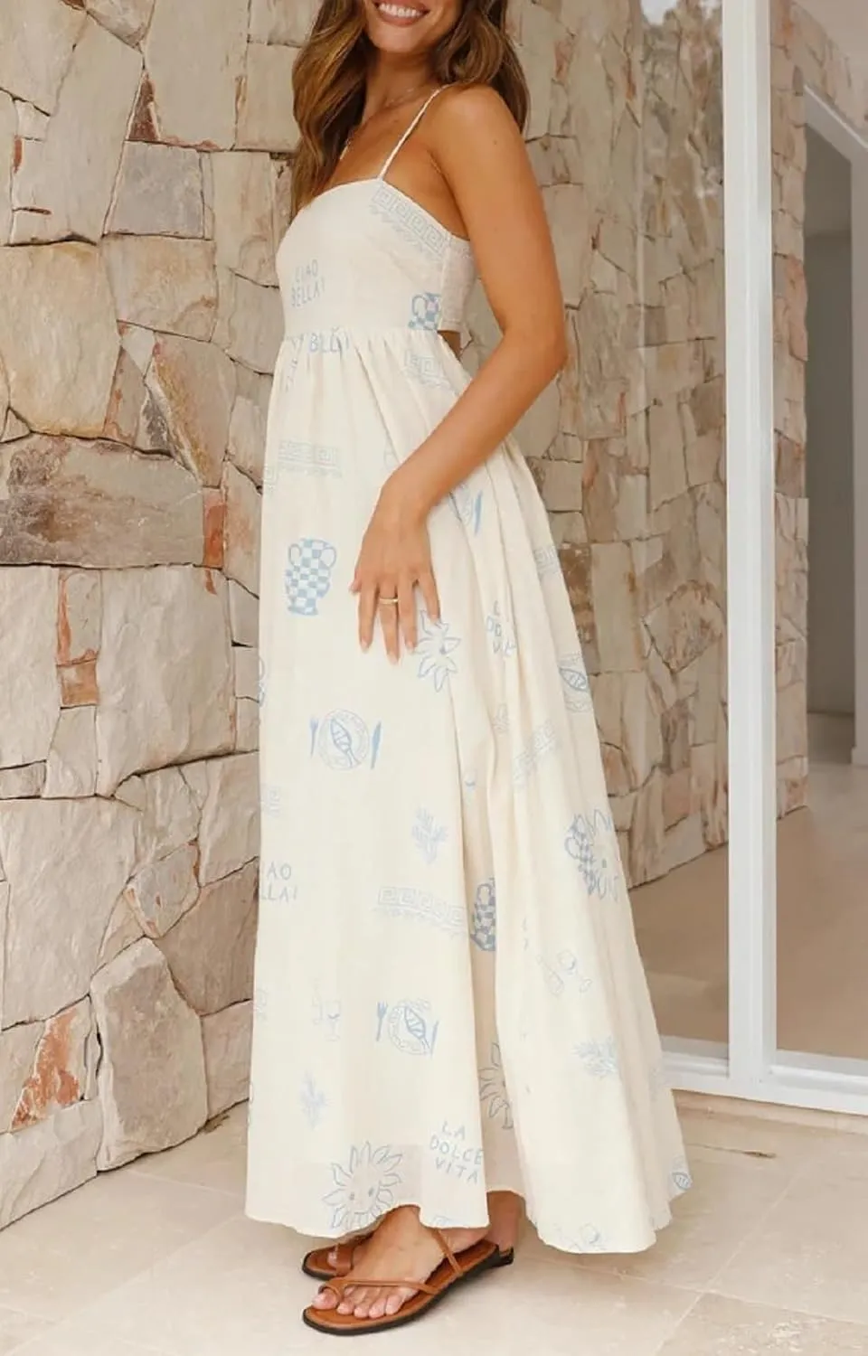 Women Summer Graffiti Maxi Dress Backless Spaghetti Strap Flowy Long Dress Graphic Print Vacation Beach Sundress