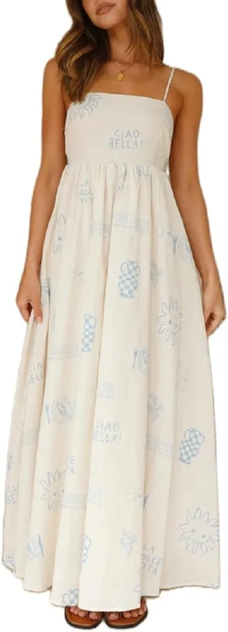 Women Summer Graffiti Maxi Dress Backless Spaghetti Strap Flowy Long Dress Graphic Print Vacation Beach Sundress