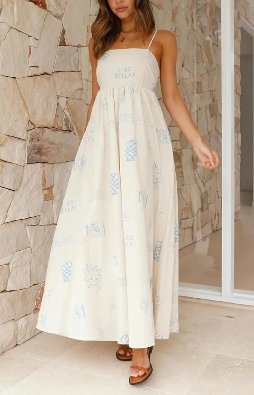 Women Summer Graffiti Maxi Dress Backless Spaghetti Strap Flowy Long Dress Graphic Print Vacation Beach Sundress