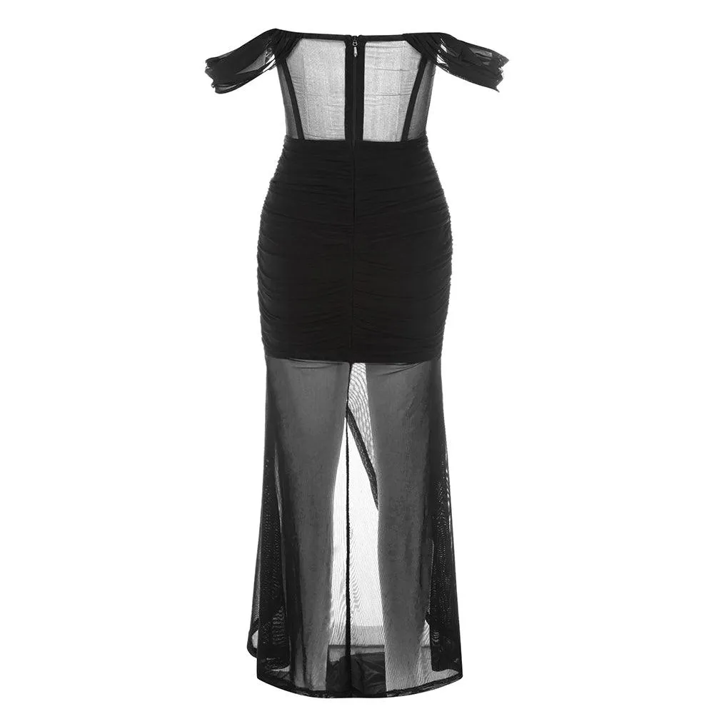 Women's Off-Shoulder Tulle Maxi Dress | Short Sleeve Bandage | GFIT SPORTS