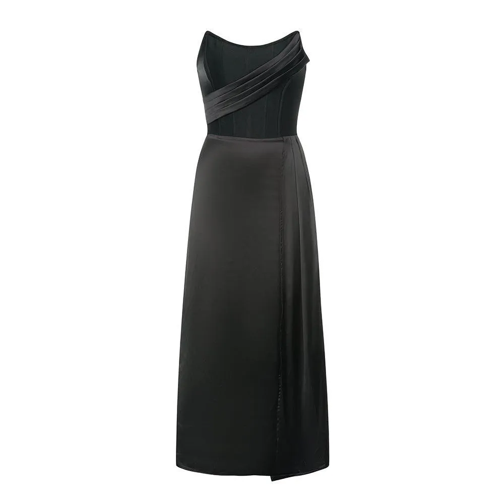 Women's Strapless Frill Maxi Bandage Dress - Casual Black Summer Sundress