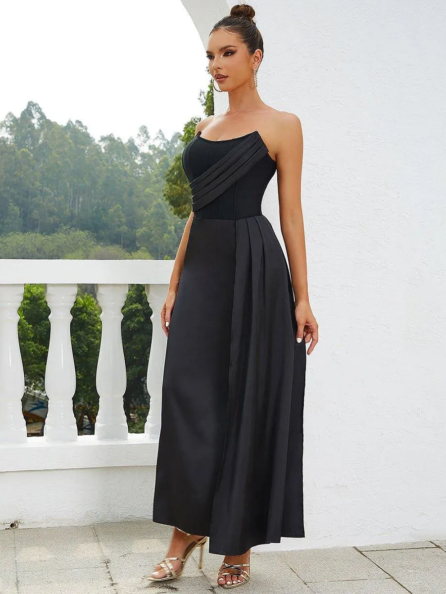 Women's Strapless Frill Maxi Bandage Dress - Casual Black Summer Sundress